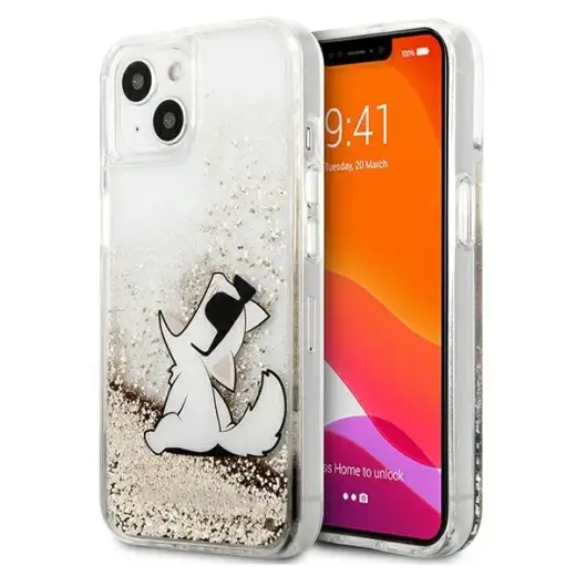 KLHCP13MGCFD Karl Lagerfeld Liquid Glitter Choupette Eat Case for iPhone 13 Gold