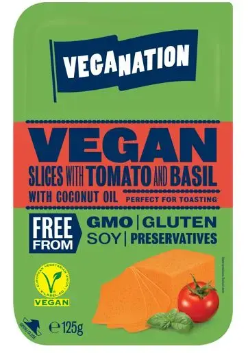 Veģetāriskais siers uz augu tauku bāzes ar tomātu un baziliku VEGANATION, šķēlēs, 125 g