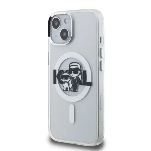 Karl Lagerfeld IML Glitter Karl and Choupette Sketch MagSafe Case for iPhone 15 Transparent