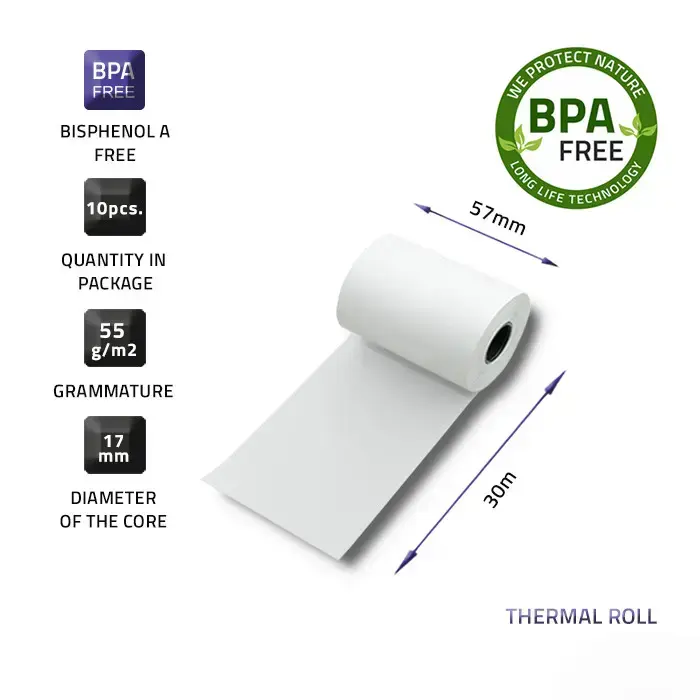 Qoltec Thermal roll 57 x 30 | 55g / m2 | 10 pcs. | BPA free