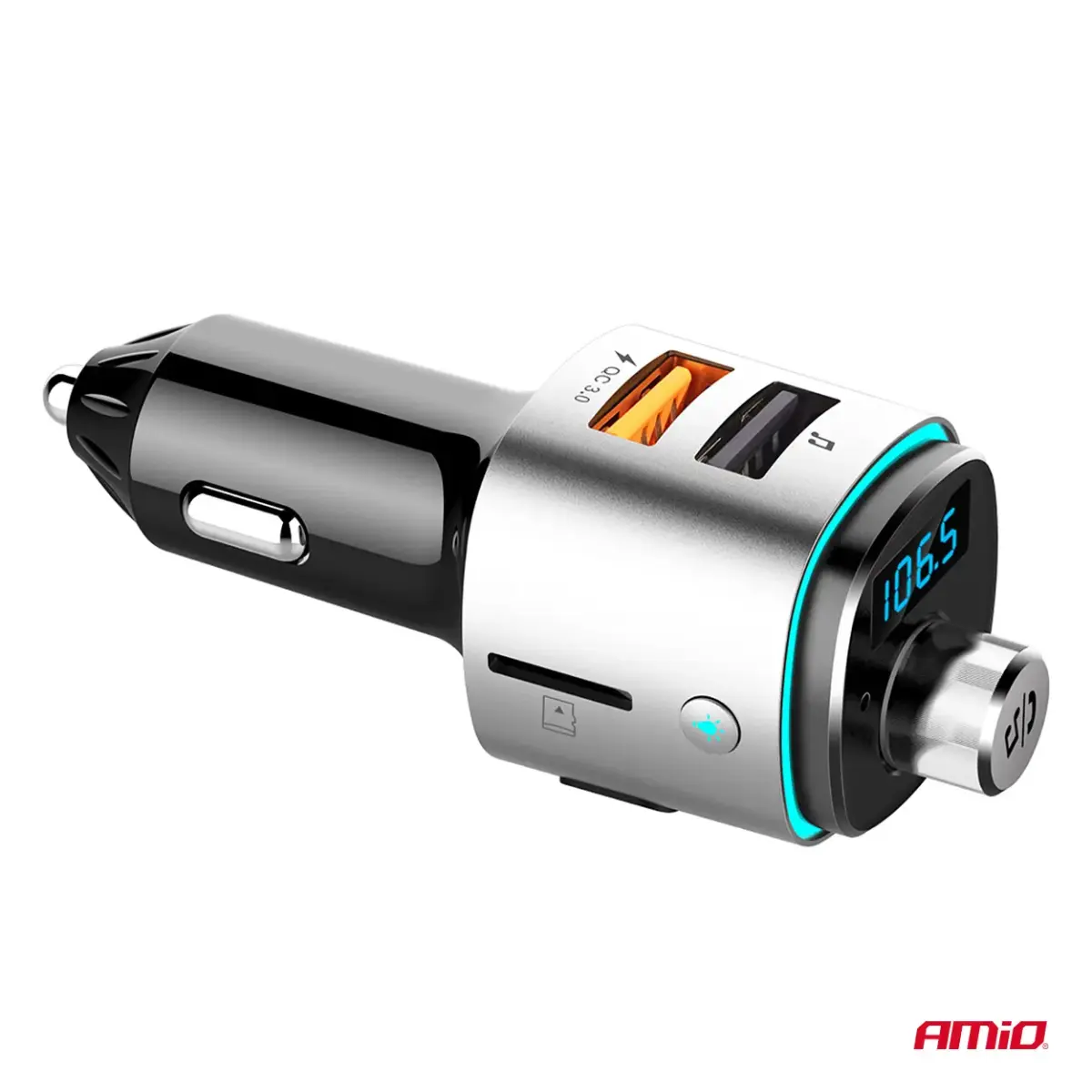 Car FM Transmitter 2×USB-A microSD 12V 24V AMIO-04654
