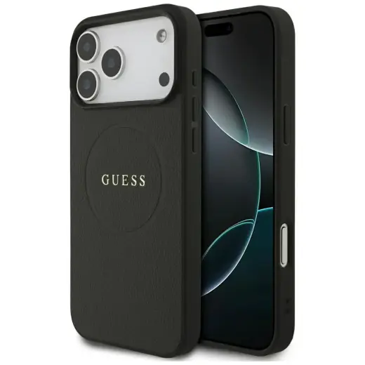 Guess Grained Gold Ring MagSafe Case for iPhone 18 Pro Max / iPhone 17 Pro Max Black