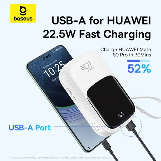 Baseus Qpow Pro+ 20000mAh 22.5W Ārējais akumulators (powerbank) ar iebūvētu USB-C kabeli un displeju - balts