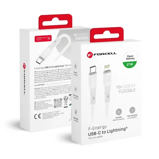 Forcell F-Energy C346 duomenų perdavimo ir įkrovimo laidas | USB-C į Lightning | PD | 27W | 1m | baltas