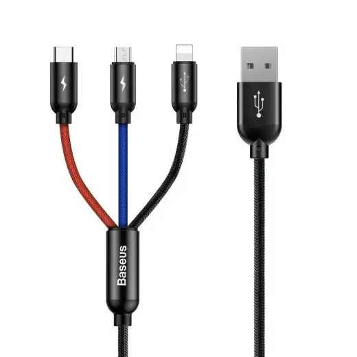 Baseus 3-in-1 data transfer and charging cable | USB-A to Lightning, Micro USB, USB-C | 17.5W | 0.3m | black