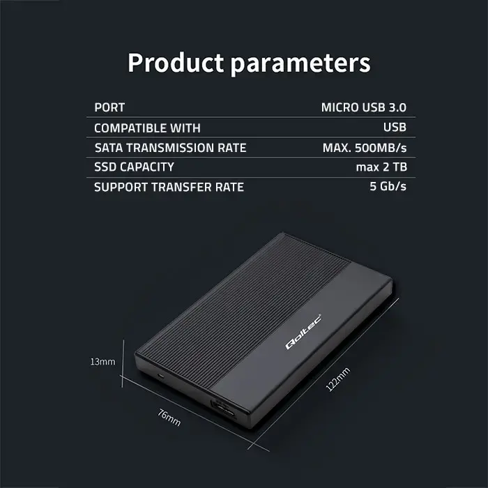 Qoltec Aluminium Enclosure | SSD HDD 2.5'' drive | SATA | USB 3.0 | Super speed 5Gb/s | 2TB | Black