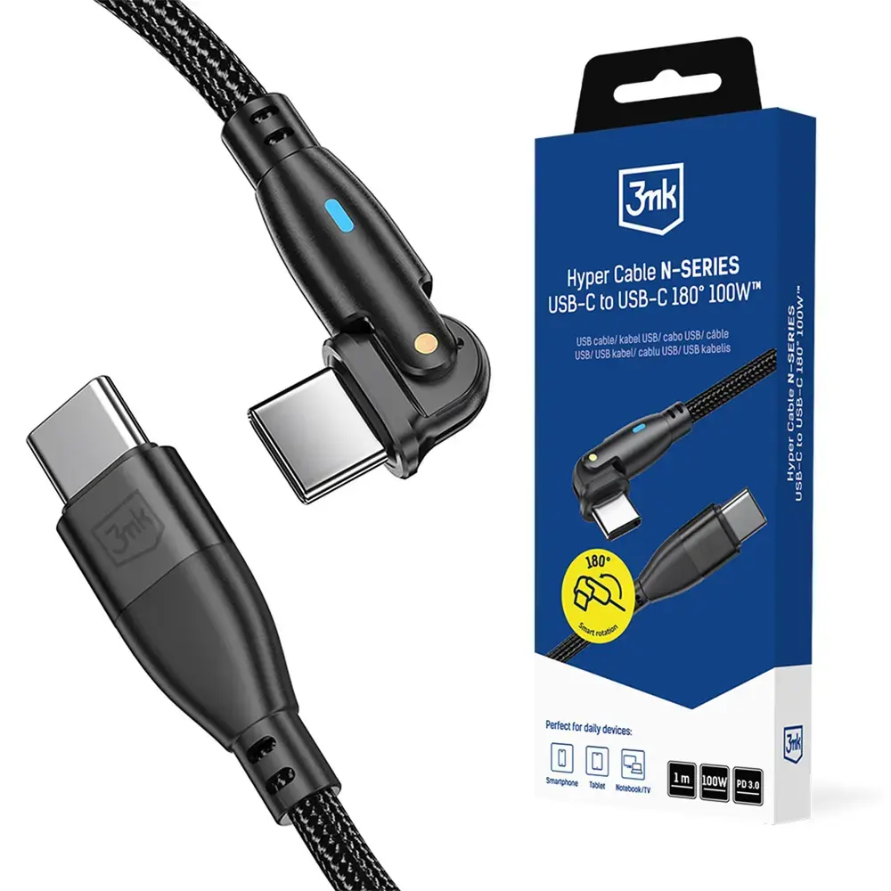 3mk Protection Hyper N-SERIES datu pārraides un uzlādes vads | USB-C uz USB-C | PD 3.0, QC 3.0 | 100W | 1m | melns