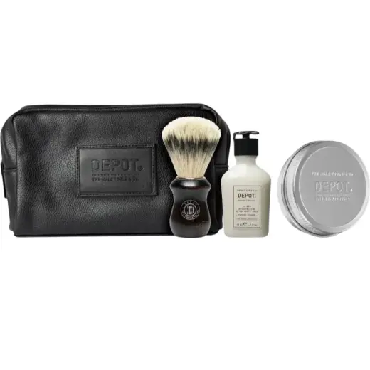 Set Depot: 400 Shave Specifics No. 408, Classic Cologne, Moisturizing, After-Shave Balm, 50 ml + 400 Shave Specifics No. 412, Hydrating, Shaving Soap, 100 g + Accessories No. 731 Luxury, Artificial Fiber, Face Shaving Brush, Brown + The Male Tools, GWP Textile Pouch, Black