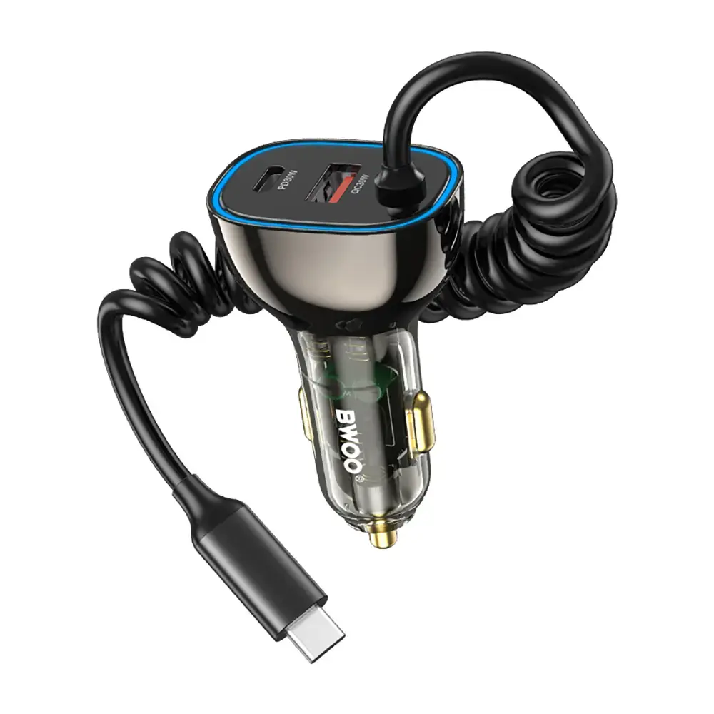 BWOO CC96C auto lādētājs | 30W | PD | USB-C, USB-A | ar USB-C vadu komplektā | pelēks