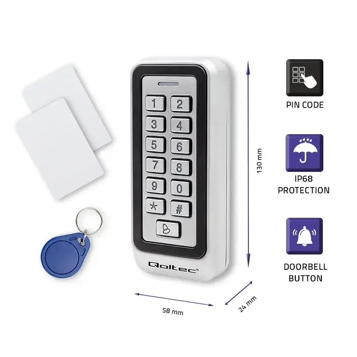 Qoltec Code lock RHEA with RFID reader | Code | Card | key fob |Doorbell | IP68 | EM