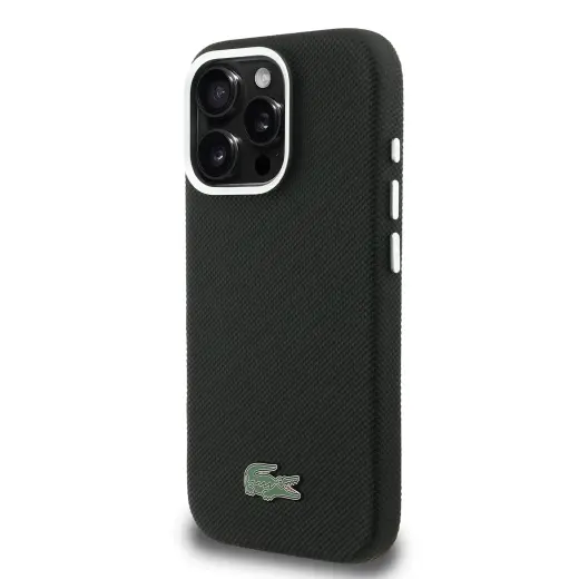 Lacoste Iconic Petit Pique Metal Logo telefono dėklas su MagSafe palaikymu iPhone 16 Pro juodas