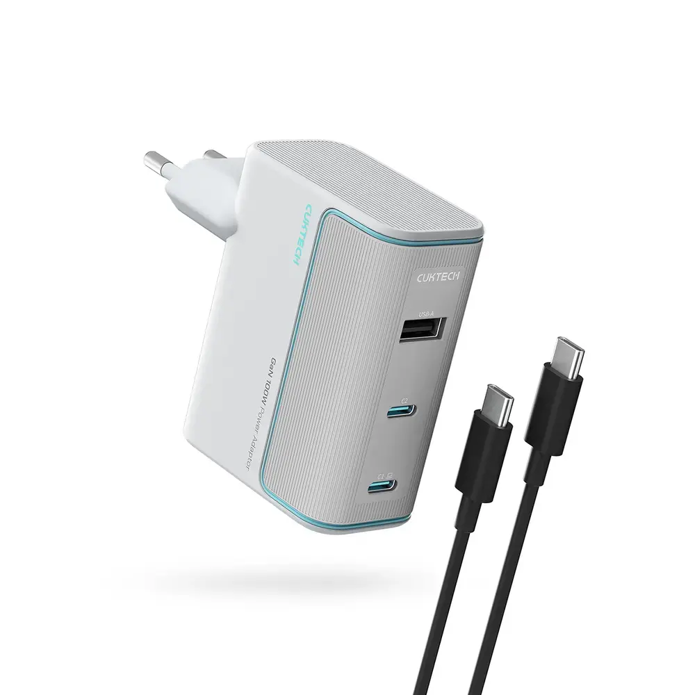 Cuktech AD1003EU tīkla lādētājs | 100W | GaN | USB-C, USB-A | ar USB-C uz USB-C vadu komplektā | balts