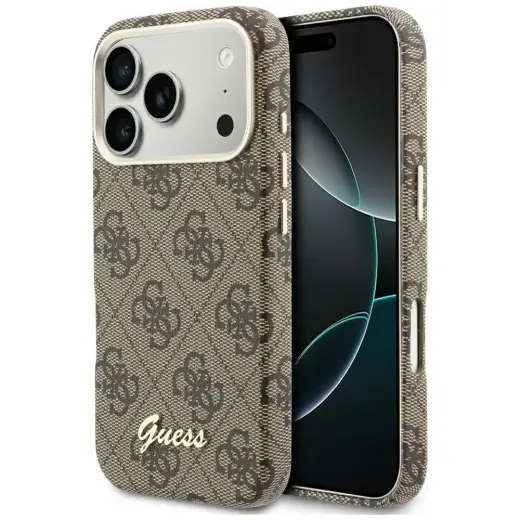 Guess 4G Script telefoni ümbris MagSafe toega iPhone 17 Pro pruun