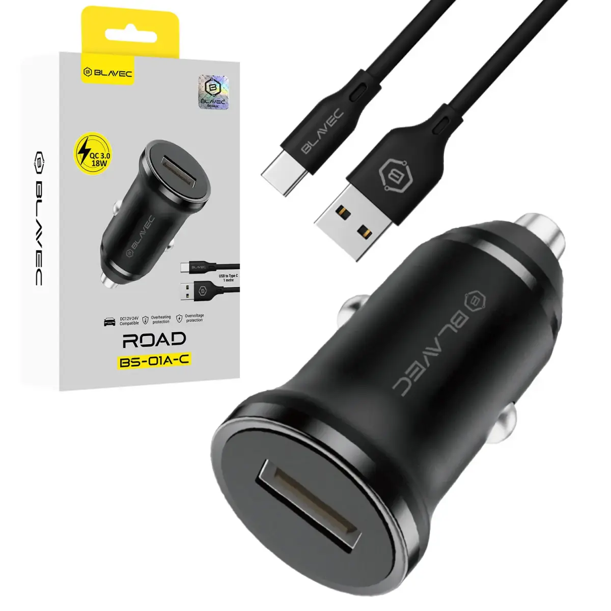 Blavec BS-01A-C Road auto lādētājs | 18W | QC | USB-A, USB-C | ar USB-A uz USB-C vadu komplektā | melns