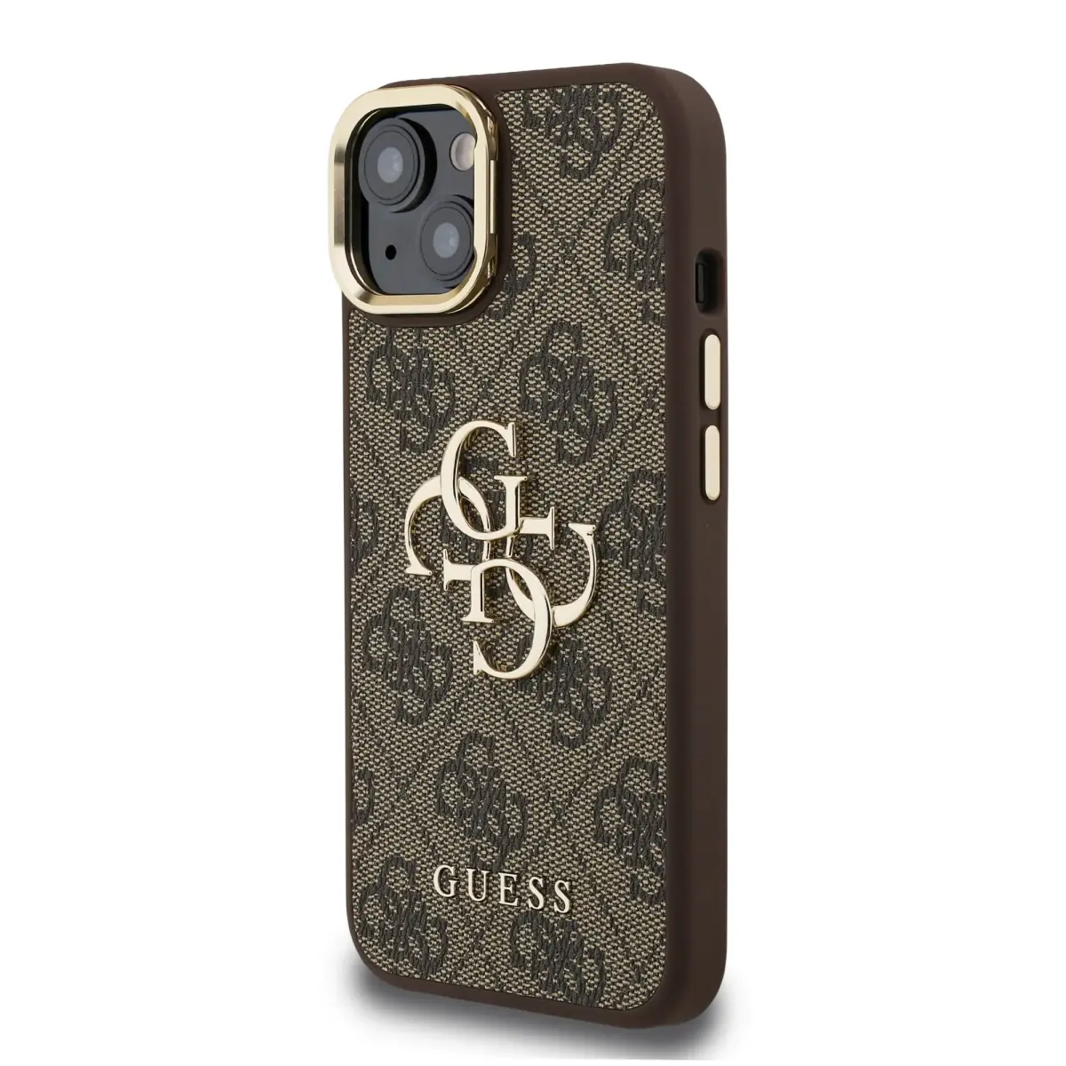 Guess PU 4G Metal Logo Stand Camera Frame telefona maciņš iPhone 15 brūns