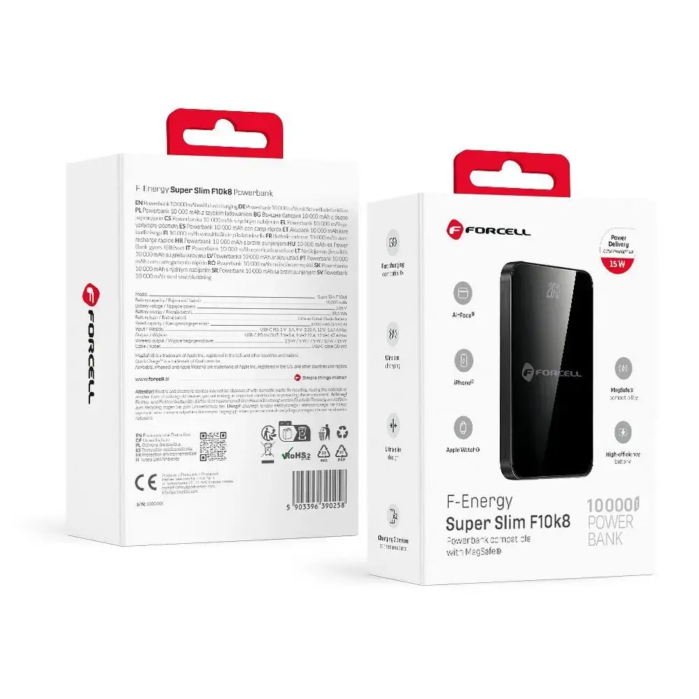 Внешний аккумулятор (powerbank) Forcell F-Energy SuperSlim F10K8 | 10 000 мА·ч | 15 Вт | PD, QC | USB-C, MagSafe | чёрный
