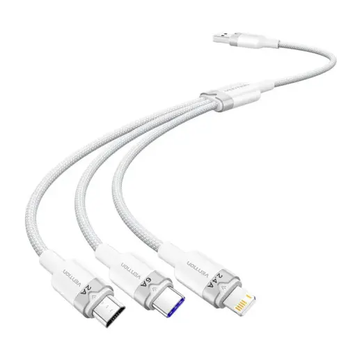 Vention CTRWG 3-in-1 datu pārraides un uzlādes vads | USB-A uz USB-C/Lightning/Micro USB | 120W | 1.5m | balts
