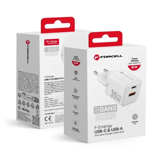 Forcell F-Energy Mini GaN III tīkla lādētājs | 35W | PD, QC, GaN | USB-C, USB-A | balts