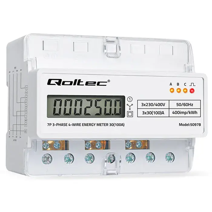 Qoltec Three-phase electronic meter | energy consumption meter for DIN rail | 400V | 100A | LCD | LED | 7P
