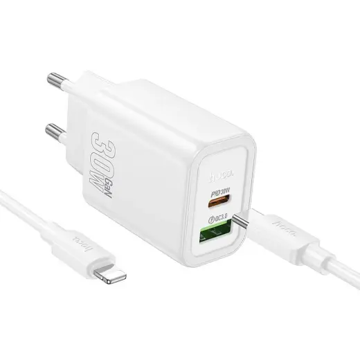 HOCO N63 tīkla lādētājs | 30W | PD, QC | USB-C, USB-A | ar USB-C uz Lightning vadu komplektā | balts