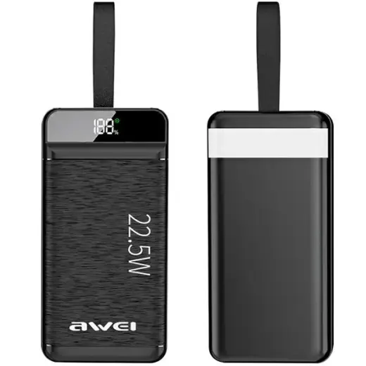 AWEI P141K ārējais akumulators (powerbank) | 40000 mAh | 22.5W | USB-A, USB-C, Lightning, Micro USB | LED ekrāns, LED lukturītis | melns