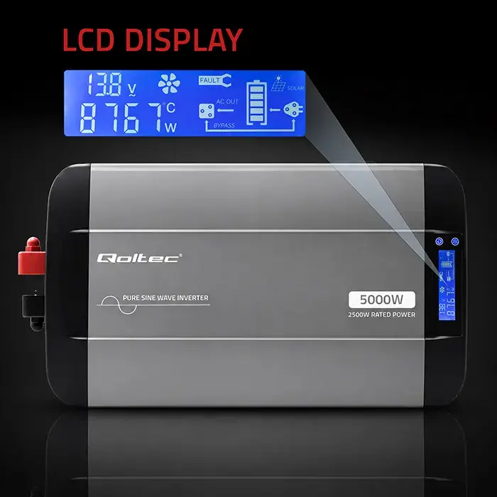 Qoltec Pure Sine Wave Inverter | 12V to 230V | 2500/5000W | LCD | USB | USC-C | Compatible with LiFePO4 GEL AGM