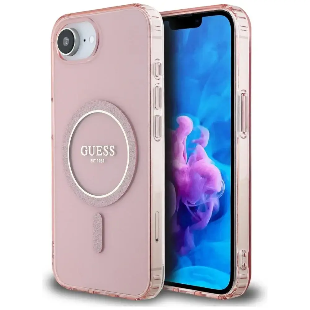 Guess IML Glitter Circle telefona maciņš priekš iPhone 16e rozā ar MagSafe