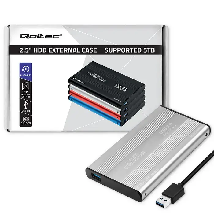 Qoltec Aluminium External Hard Drive Case HDD SSD 2.5'' SATA3 | USB 3.0 | Silver