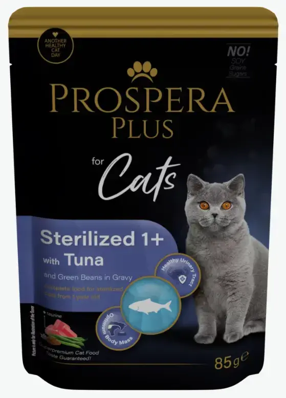 Konservi kaķiem - Prospera Plus, Cat Pouch Sterilized 1+, Tuna and Beans, 85 g
