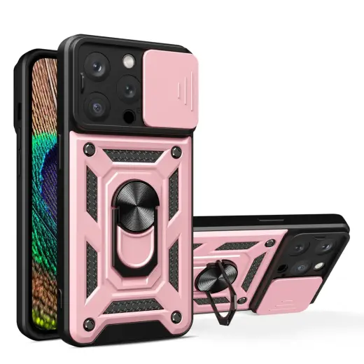 Hybrid Armor Camshield telefono dėklas su stovu iPhone 15 Pro Max rožinis (su kameros apsauga)