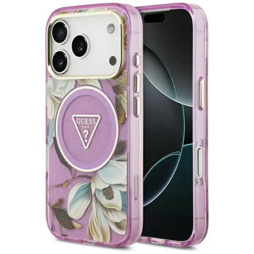 Guess IML Glitter Flowers Triangle phone case with MagSafe support for iPhone 17 Pro | iPhone 18 Pro purple