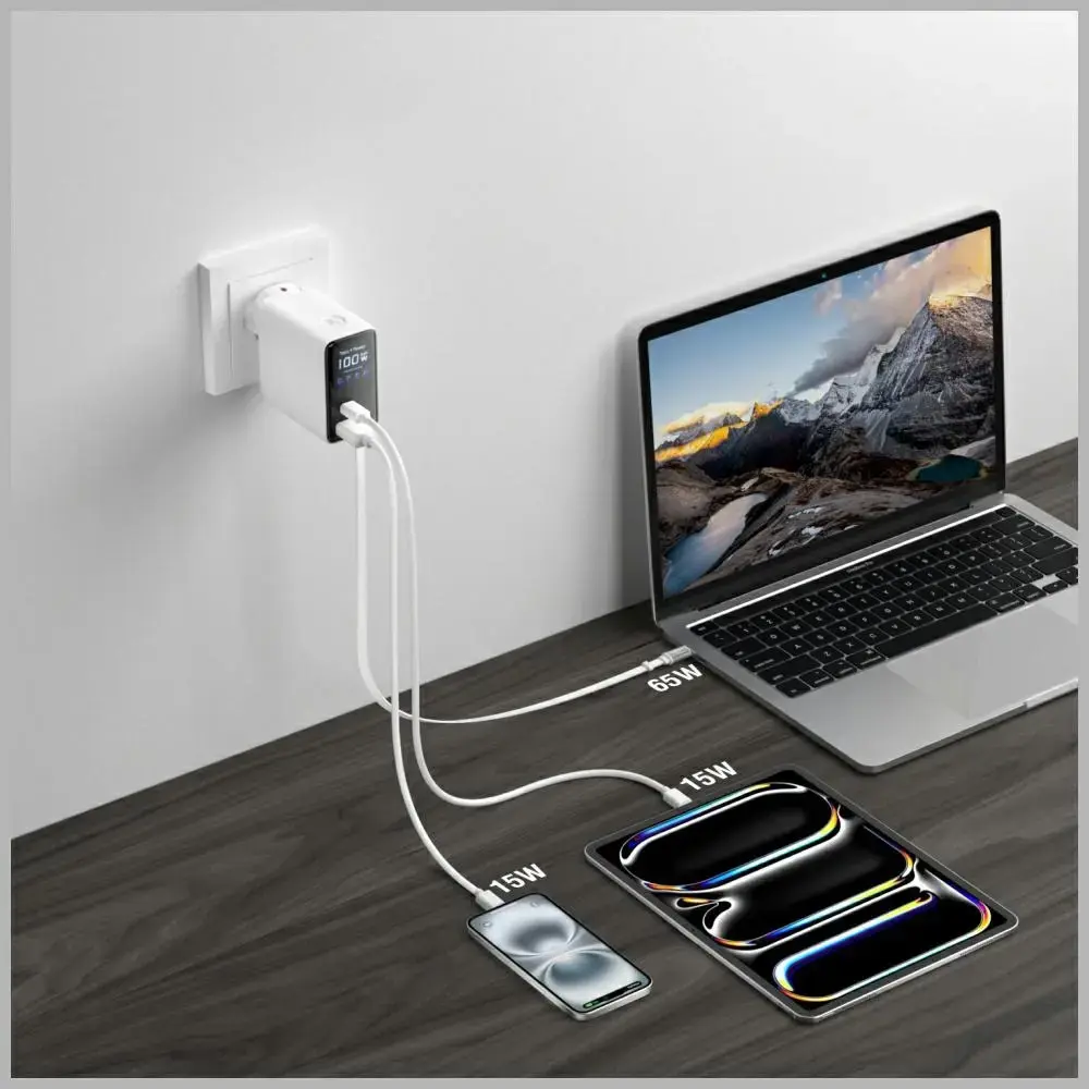 4smarts GaN Flex Screen AI tīkla lādētājs | 100W | GaN | USB-C, USB-A | balts