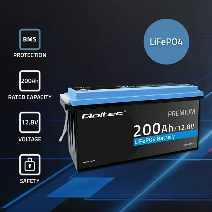 Qoltec LiFePO4 lithium iron phosphate battery | 12.8V | 200Ah | 2560Wh | BMS