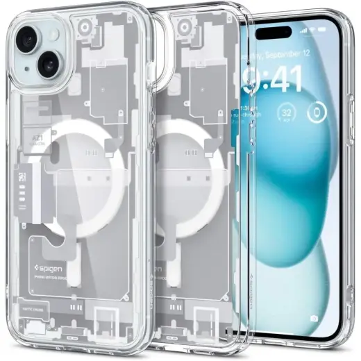 Spigen Ultra Hybrid Mag phone case with MagSafe support for iPhone 15 Plus white (Design Zero One)