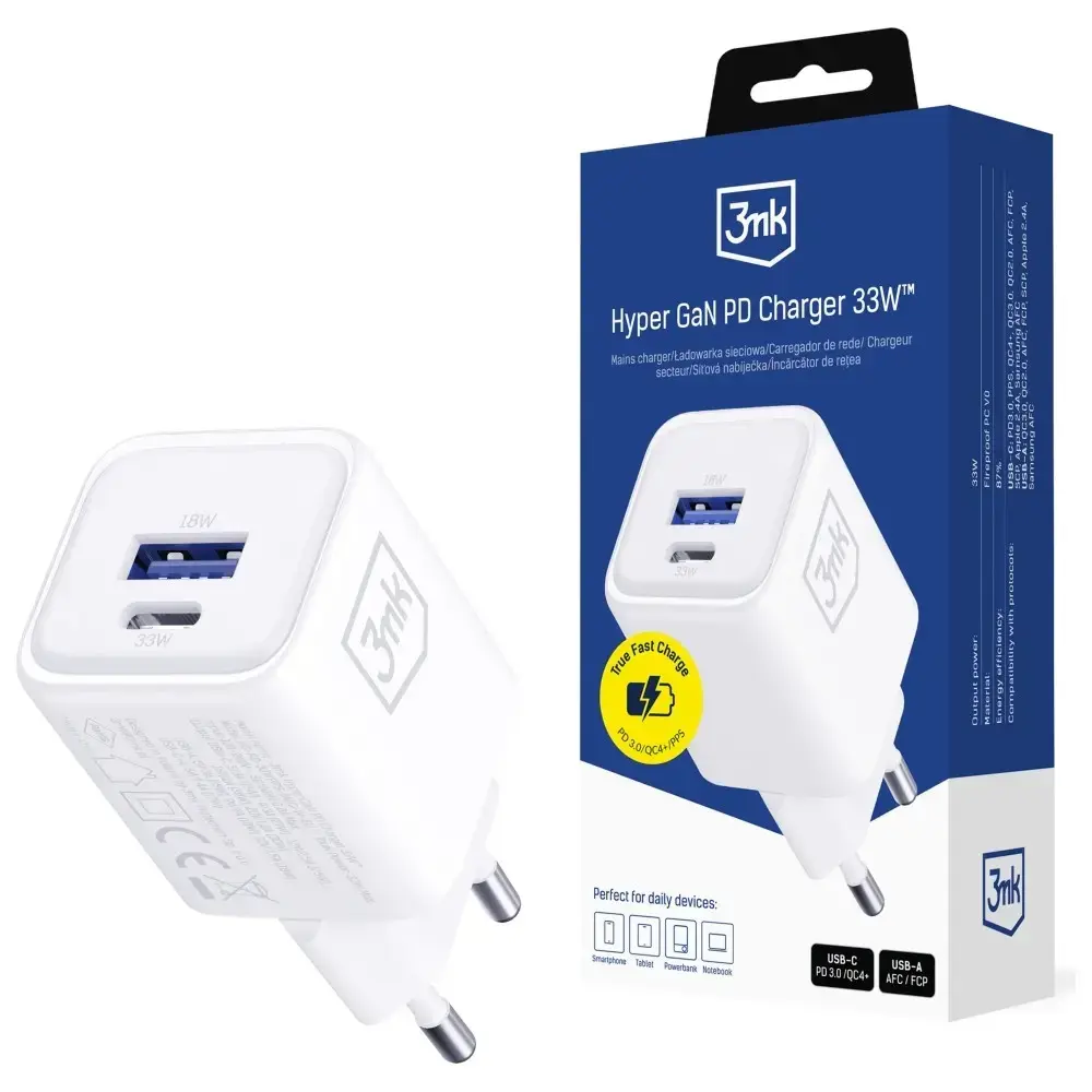 3mk Protection Hyper Charger tīkla lādētājs | 30W | PD, GaN | USB-C | balts