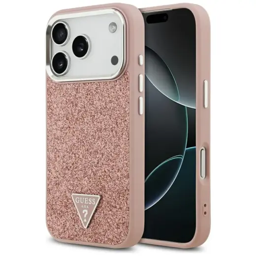 Guess Glitter Triangle Logo чехол с поддержкой MagSafe для телефона iPhone 17 Pro розовый