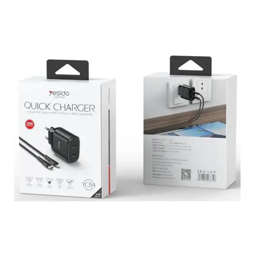 Yesido YC54 tīkla lādētājs | 20W | PD, QC | USB-C | ar USB-C uz Lightning vadu komplektā | melns