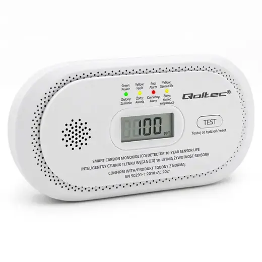 Qoltec Certified Wireless Carbon Monoxide (CO) Detector | CO detector | 10-year sensor life | 85dB alarm | LCD | LEDs