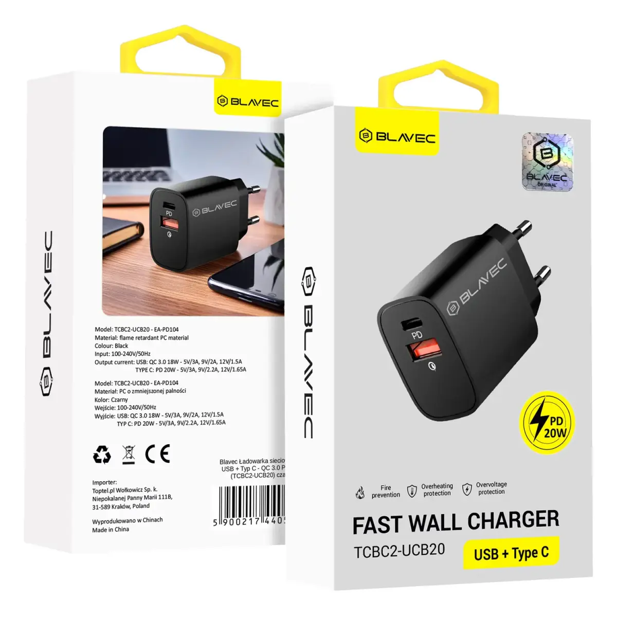 Blavec BC2 travel charger | 20W | QC3.0, PD | USB-A, USB-C | black