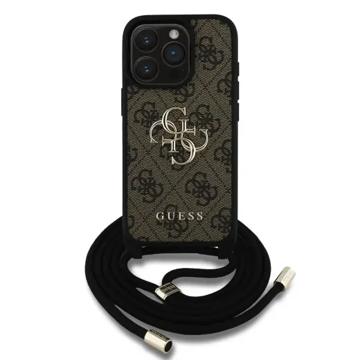 Guess PU 4G Metal Logo Crossbody Strap Case for iPhone 15 Pro Brown