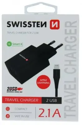 Swissten Smart IC зарядное устройство | 2.1A | Lightning, USB-A | с Lightning кабелем 1.2м | черный