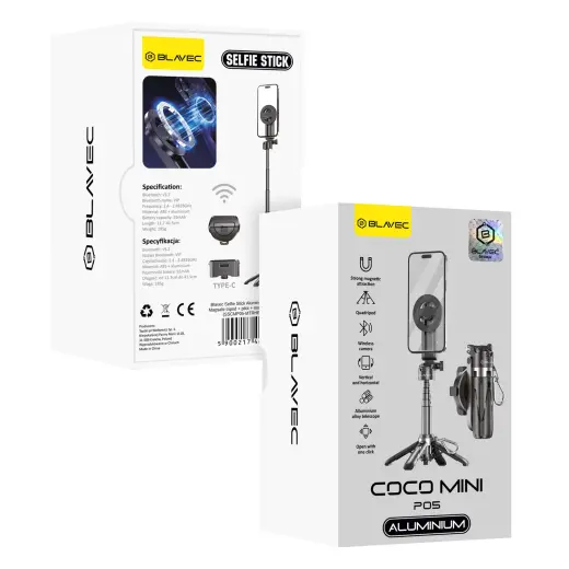Blavec Selfie Stick Aluminium Coco Mini P05 Magsafe tripod + remote control + holder 0,41 metres (SSCMP05-MTRHB041) black