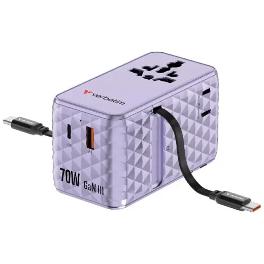 Verbatim Travel Adapter EU/UK/US GaN   1xUSB-C/1xUSB-A/2xUSB-C PD 70W purple 30188