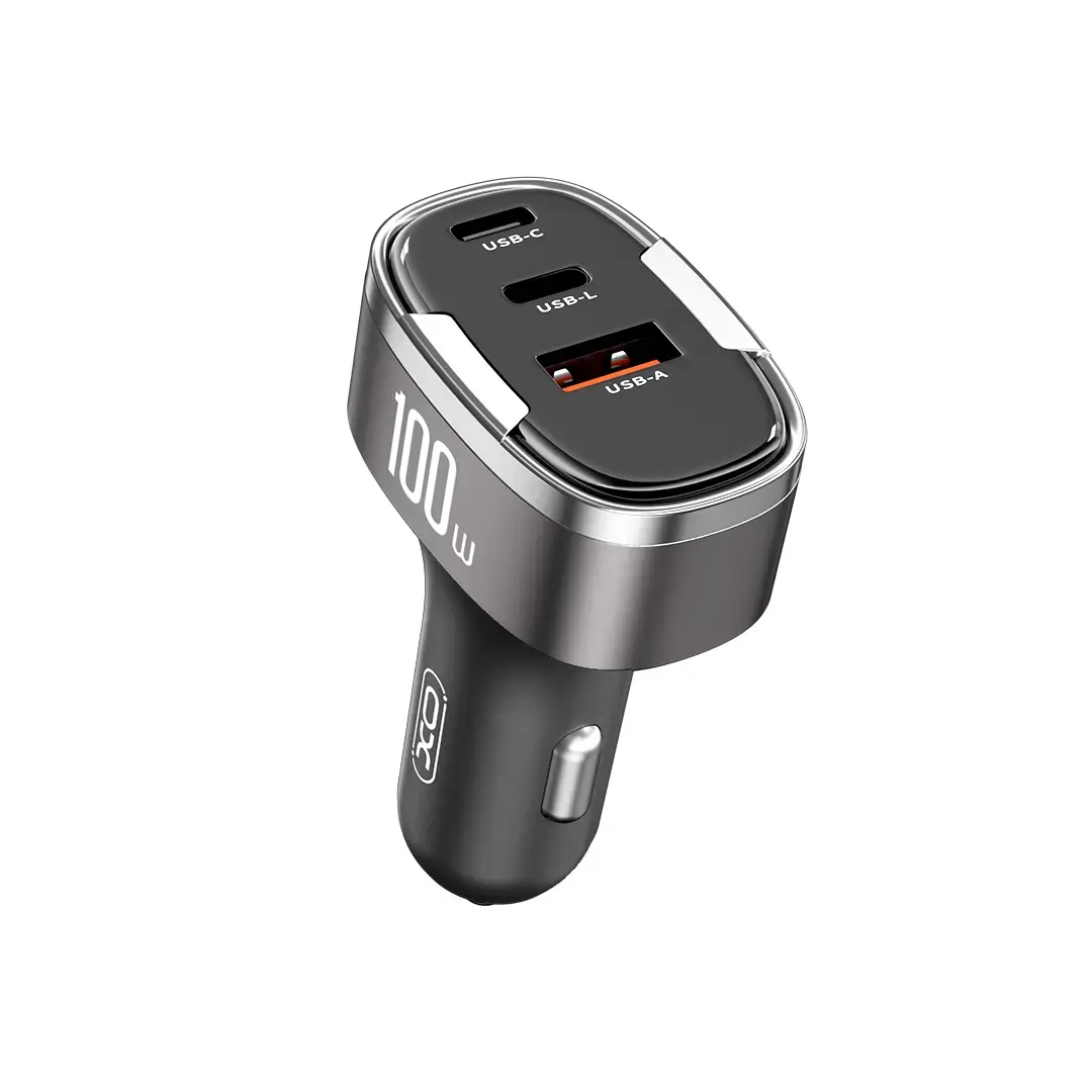 XO CC61 automašīnas lādētājs | 100W | USB-A, USB-C, Lightning | pelēks