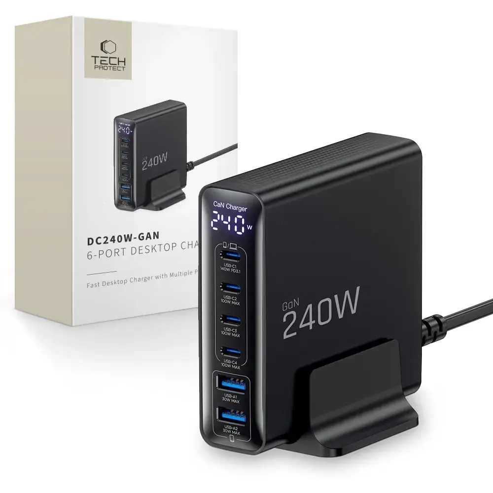Tech-Protect DC240W-GaN tīkla lādētājs | 240W | PD, QC, GaN | USB-C, USB-A | melns
