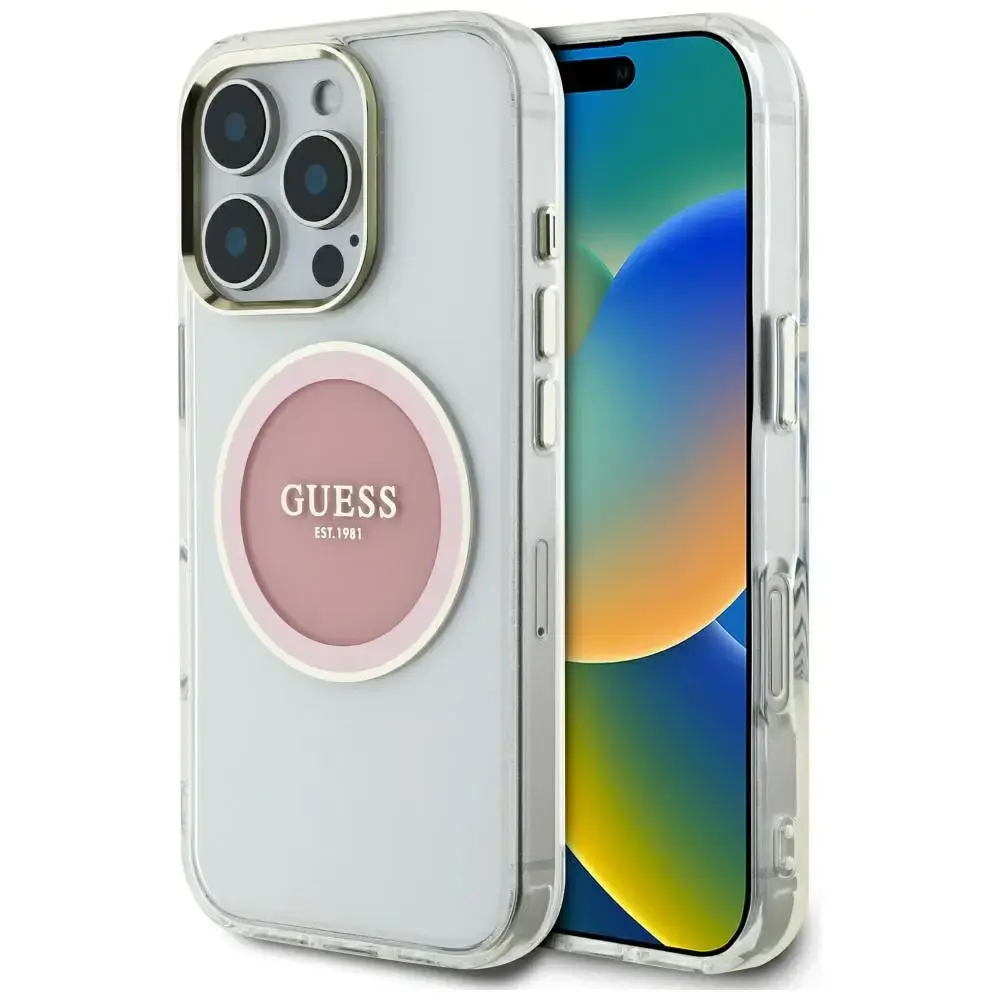Guess IML Metāla Krāsains Aplis Klasiskais Logo MagSafe telefona maciņš iPhone 16 Pro Max rozā