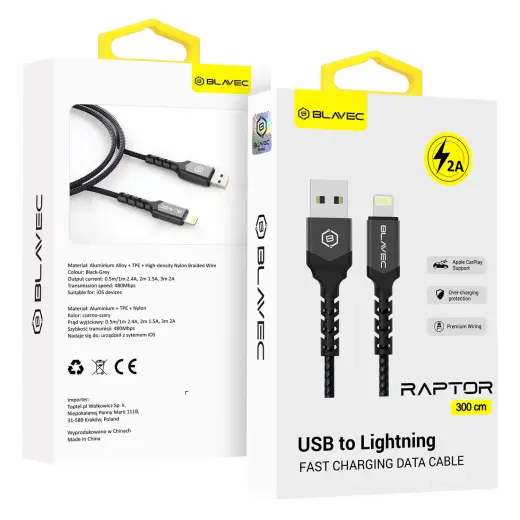 Blavec Raptor CRA-UL2BG30 andmeedastus- ja laadimiskaabel | USB-A kuni Lightning | 10W | 3m | must, hall