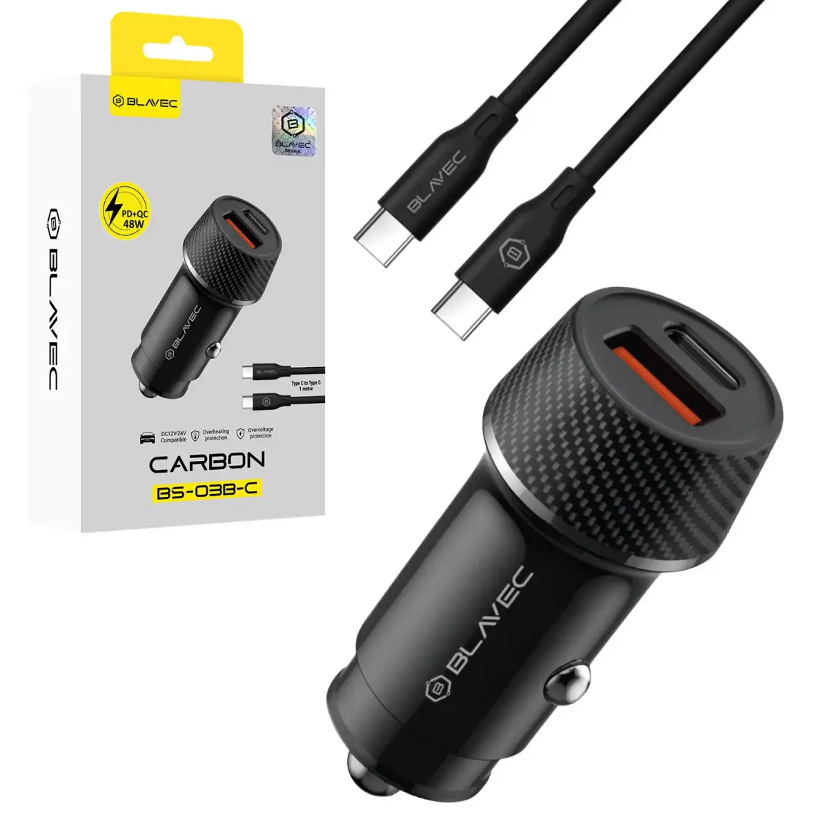 Blavec BS-03B-C Carbon auto lādētājs | 30W | PD, QC | USB-A, USB-C | ar USB-C uz USB-C vadu komplektā | melns