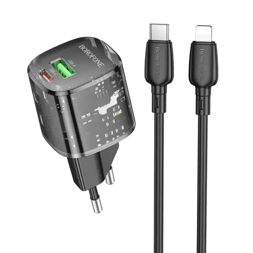 Borofone BN17 travel charger | 20W | QC3.0, PD | USB-A, USB-C | with Lightning cable included | black