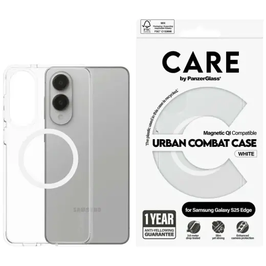 CARE by PanzerGlass telefoniümbris Samsung Galaxy S25 Edge jaoks, läbipaistev valge